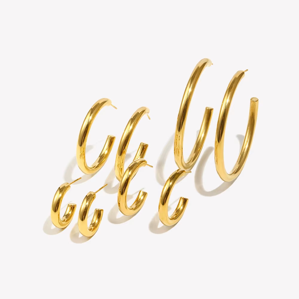 Hypoallergenic Tarnish Free Stainless Steel Hollow Tube Large Medium Small Size Gold Plated Hoop Earrings for Women